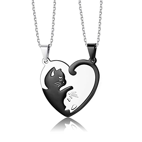 KALVICA 2 Piezas Collares Parejas Acero Inoxidable Collar con Colgante de Rompecabezas de Gato Colgantes Collares para Mujer Hombre Amante Mejores Amigos Plata Negro