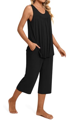 Image of TAOHUADAO Womens Summer 2 Piece Pajama Sets, Sleeveless Tops with Capri Pants, Lounge Ladies Pjs Sets with Pockets