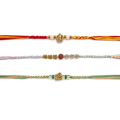 Image of Set of 3 Ganesha & Rudraksha Rakhi for Brother Rakhee for Brothers | Raksha Bandhan Om Rakhi for Brother Rakhi Set with Greeting Card & Roli