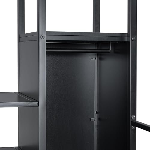 Image of Bellemave Full loft Bed with Storage Stairs, Wardrobe Shelves, Metal Full Loft Beds with LED Lights, Multifunctional Iron Nets for Adults, Kids, Teens, Black