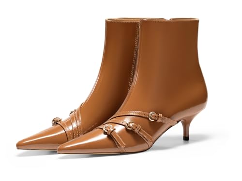 Coutgo Womens Buckle Strap Ankle Booties Kitten Low Heel Pointed Toe Y2K Boots Side Zipper Fall Shoes