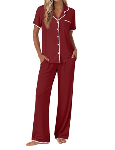 Image of Ekouaer Pajamas for Women Set Button Up Soft Pjs Short Sleeve 2 Piece Lounge Sets Comfy Sleepwear
