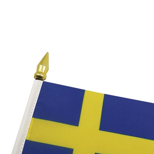 Image of AZ FLAG - Sweden Table Flag 4'' x 6'' - Swedish Mini Desk Flag 100% Polyester 15 x 10 cm - Office Banner with 10'' Pole - Golden Spear