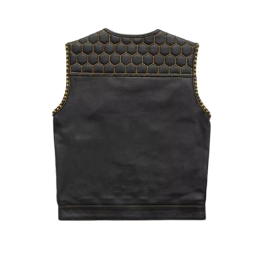 Men's Smart Biker Vest for Men Premium Cowhide Black Leather Motorcycle Vest with Unique Scoop Collar Design &Gold Liner4