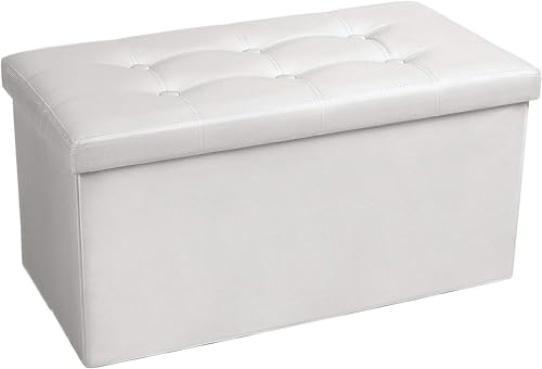 COSYLAND Banco otomano con Almacenamiento de 76,2 x 38,1 x 38,1 cm, otomano para habitación, Plegable, de Cuero, reposapiés rectangulares, con Tapa para Dormitorio, Sala de Estar, Blanco Roto