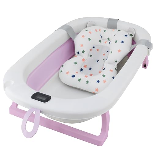 ALMAR Baby Bañera Plegable Bebé Rosa Palo con Termómetro Cojin Reductor para Recien Nacido con Patas Antideslizante Indicador de Temperatura Compacta