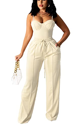 Bluewolfsea Women Sexy 2 Piece Outfits Jumpsuit Summer Sleeveless Cami Crop Top Wide Leg Long Pants Set X-Large Apricot