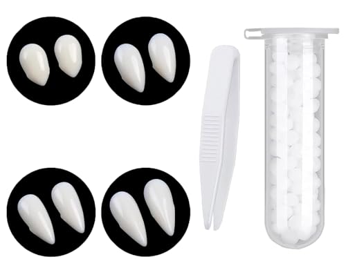 4 pares dentes de vampiro Halloween, presas de disfarce em 4 tamanhos com adesivo, dentes falsos para cosplay festa de disfarces adultos 13/15/17/19 mm, Branco
