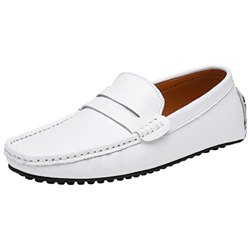 ANUFER Hommes Classique Mocassins Penny Plat Glisser sur Mou, Tendre Cuir Fendu Mocassins Chaussures de Conduite Blanche SN070440 EU43 Cover