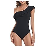 Qiribati Women's One Piece Swimsuit Ruffle Off One Shoulder Swimwear Slim Bathing Suits Beachwear Black