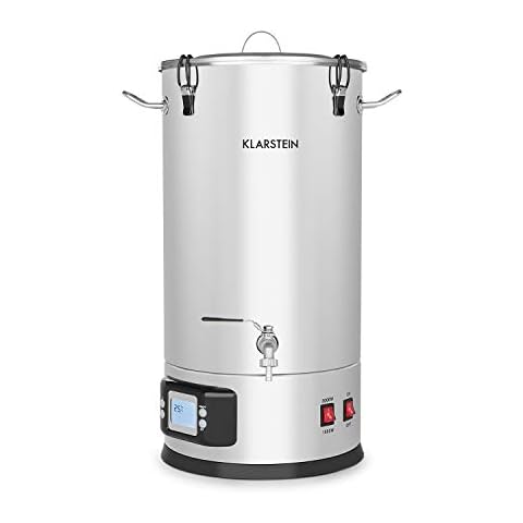 Klarstein Maischfest - Bierbrauset, Maischekessel, Bierbrauanlage mit 2 Stufen: 1500/3000 W, Bier Brauen 5-teiliges Set, Filtrier-Eimer, Kühlspirale, LCD-Display, Edelstahl, 30 Liter, Edelstahl Cover