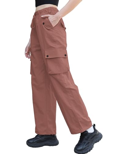 Image of Cromoncent Womens High Waist Parachute Pants Y2K Cargo Trousers with Pockets, Rust Red, S