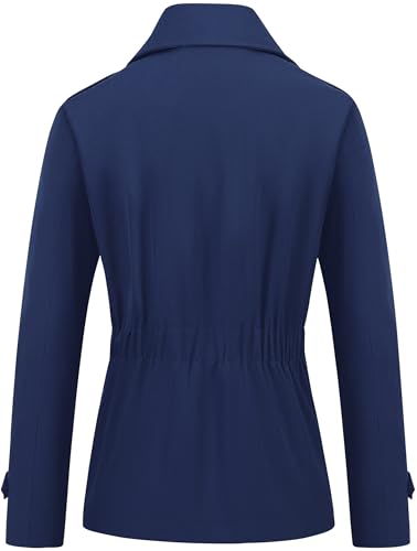 CREATMO US Navy Blue Cropped Trench Coat for Women - Stylish Double-Breasted Jacket with Pockets, Large - Image 2