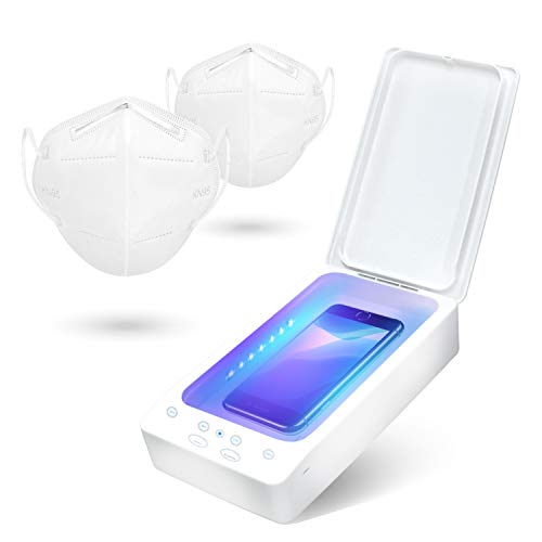 LEICKE UV Esterilizador multifunción | Caja esterilizadora para smartphones UV, desinfectante portátil para teléfonos inteligentes, máscaras, joyas, etc. (con cargador inalámbrico) (con 2 máscaras)