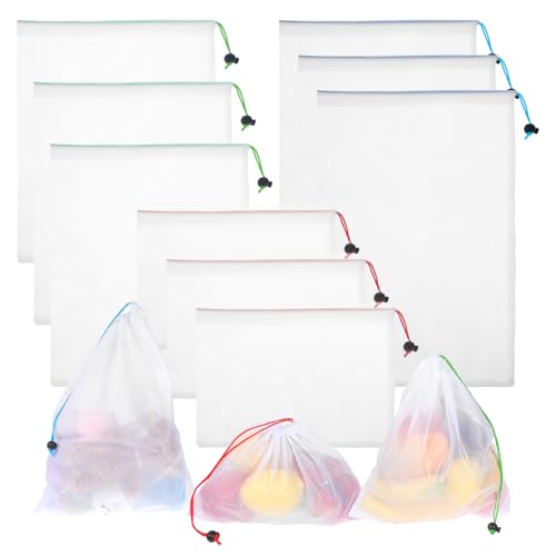 KALIONE 9 Stück Obst Gemüse Groß Netztasche Netz Wiederverwendbar Einkaufstasche Netzbeutel mit Kordelzug für frisches Gemüse, durchsichtige Netzbeutel für Obst und Gemüse zur Aufbewahrung