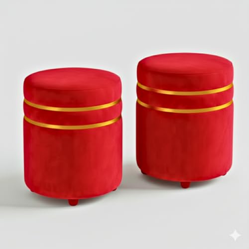 Image of Decorative Ottoman Pouffes for Sitting - Two-Piece Set of Puffy Stools and Footstools - Round Ottoman Stool for Living Room Furniture (RED)