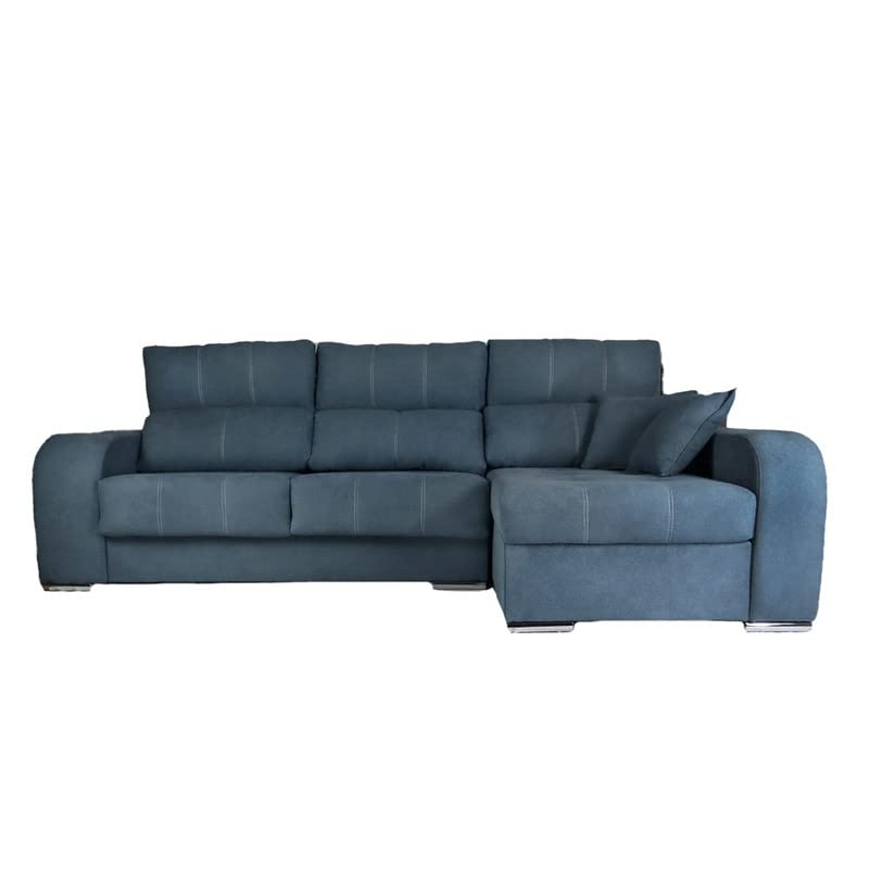 SHIITO - Sofá de 3 Plazas con Chaise Longue Derecha - 105 x 95 x 295 cm - Modelo Acuario - 2 Puffs - Función Relax - Deslizante y Reclinable - En Azul Grisáceo