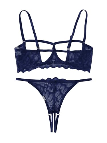 Image of Lilosy Sexy Underwire Floral Lace Sheer Lingerie Set for Women See Through Bra and Panty 2 Piece