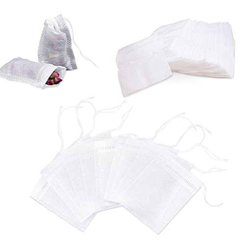 100 Pcs Bolsita de te de Filtro Bolsas té Desechables con Cordón, Bolsas de té vacias para tés y café, sin blanquear, 6 cm x 8 cm (Blanco)