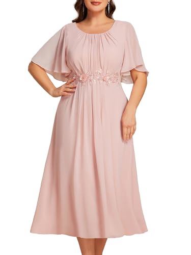 Ever-Pretty Plus Women's Round Neck Short Sleeves Chiffon Appliques Midi A-Line Plus Size Formal Wedding Guest Dresses