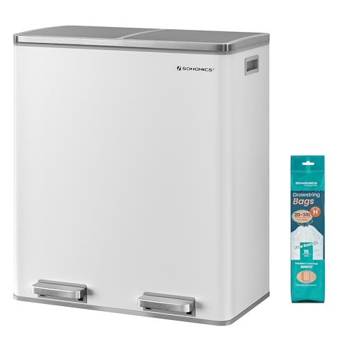 SONGMICS Poubelle à Double Compartiment 2 x 30 L, avec 15 Sacs Poubelles, Pédales en Métal, 2 Seaux Intérieurs en Plastique, Couvercles, Poignées, Fermeture en Douceur, Blanc et Gris LTB60WT