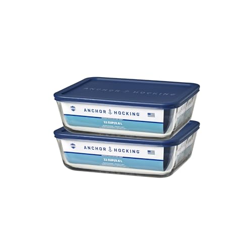 Image of Anchor Hocking 11-Cup Glass Storage Containers with Lids, Set of 2 Glass Food Storage Containers with Navy SnugFit Lids