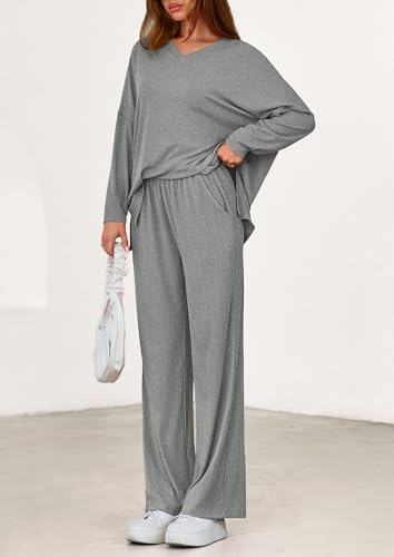 PRETTYGARDEN 2 Piece Lounge Sets for Women Fall Outfits 2025 Casual Loose Long Sleeve Tops Wide Leg Pants Matching Pajama Set