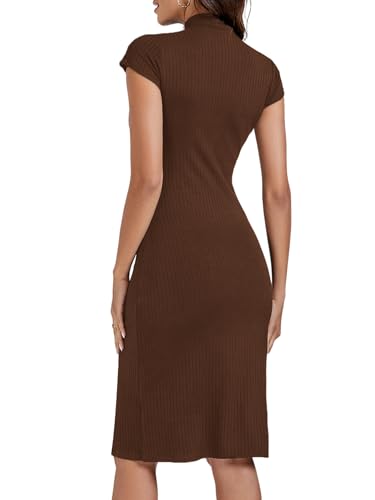 Image of Umenlele Women's Elegant Mock Neck Short Sleeve Ribbed Bodycon Sheath Pencil Midi Dress