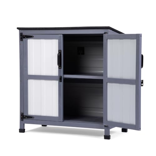 Gray Outdoor Storage Cabinet with Steel Lining, Adjustable Shelf, Asphalt Roof, and Magnetic Closing Doors for Patio, Garden, or Garage
