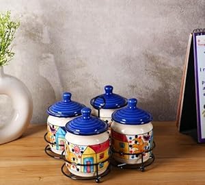 Image of Niyara Handcrafted Ceramic Pickle Jar Set, Premium Metal Tray & Lids - Multipurpose Storage for Pickles, Chutneys, Spices & Condiments (Set of 4, 300 ml, House design)