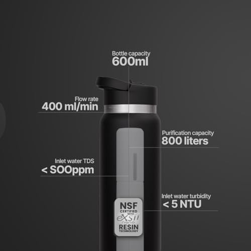 Image of ZeroB H2Ohh Portable Water Filter Metal Bottle - 600ml | Removes 99.9% Bacteria & Viruses | Durable SS 304 Material | Instant Purification | Eco-Friendly Travel & Fitness Bottle (BLACK)