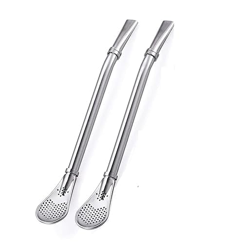 Feinerman 2 in 1 Stainless Steel Spoon Straws - 2 Pcs Reusable and Washable Drinking Straws with Built-in Tea Filter Spoon for Yerba Mate, Bombilla Gourd, Smoothies, Cocktails, and Coffee