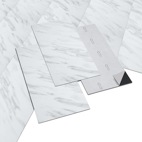INMOZATA 5,04㎡ PVC Bodenbelag Selbstklebend Click Vinylboden Rutschfest Wasserfest Vinyl Bodenbelag Selbstklebend für Schlafzimmer Küche Wohnzimmer 28 Fliesen, 30cm x 60cm, Dicke 2 mm-Weiß Marmor