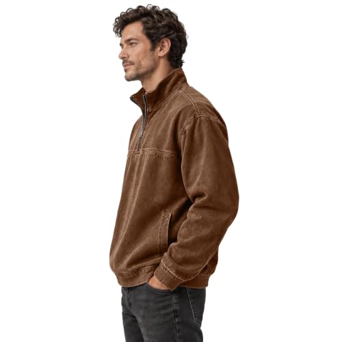 Men's Denim Shirt Washed Retro Quarter Zip Pullover Top with Pockets - image 6