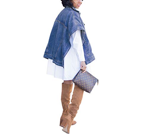 Womens Casual Plus Size Short Sleeve Button Down Cycling Biker Outwear Vests Cape Coats Destroyed Bf Denim Jeans Washed Punk Style Jackets Blue M #TOP3