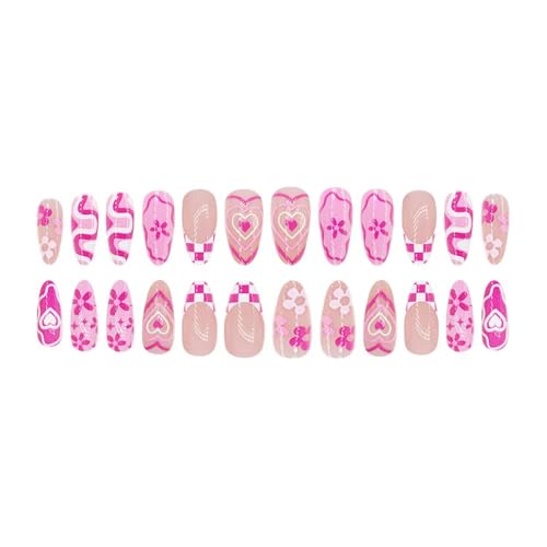 Image of Pink Press on Nails Flower Fake Nails Medium Almond False Nails with Heart Design French Tip Glue on Nails Glossy Artificial Acrylic Nail Full Cover Nude Stick on Nails for Women Manicure 24Pcs