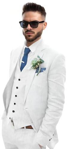 Linen Suits for Men Slim Business Leisure 3 Pieces Wedding Tuxedo Grooms Blazer Vest Pants One Button Single Breasted Suits2