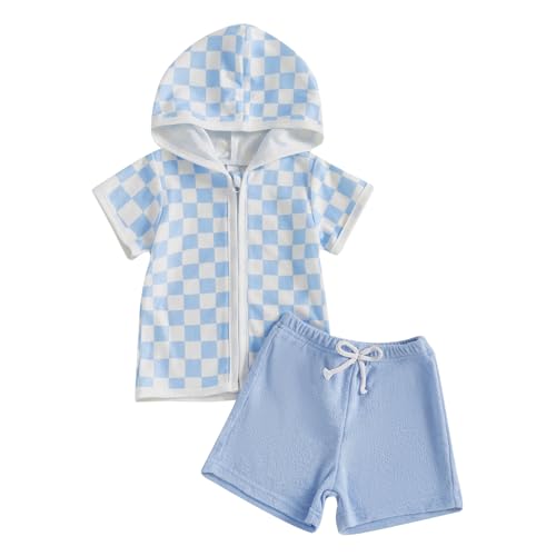 KMBANGI Toddler Baby Boy Swim Cover Up Striped/Chessboard Terry Zipper Hooded Tops Shorts Kids Bathing Suit Cover (SKY BLUE, 6-12M)