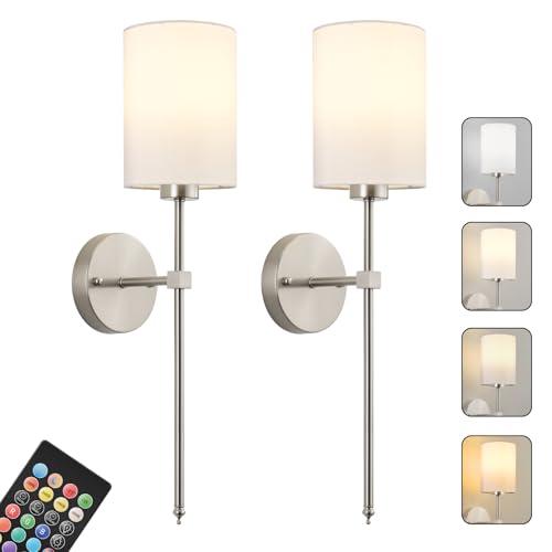 Image of Battery Operated Wall Sconces Set of Two,Wireless Rechargeable Wall Light With Remote Control, Dimmable, 1800K /3000K /4000K /6000K /RGB, Timer, for Living Room, Bedroom, Fireplace, TV, 23.6 Inch, Nickel