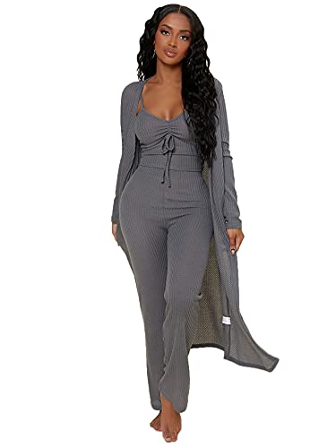 Shein Women's Ruched Knot Bust Cami Top Long Pants Lounge Set With Long Sleeve Robe Dark Grey Small #TOP19