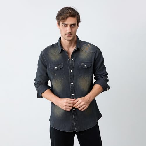 Owl's-Yard Men's Denim Button Down Shirts Solid Color Long Sleeve Lapel Denim Jacket Spring Autumn Casual Button Shirts3