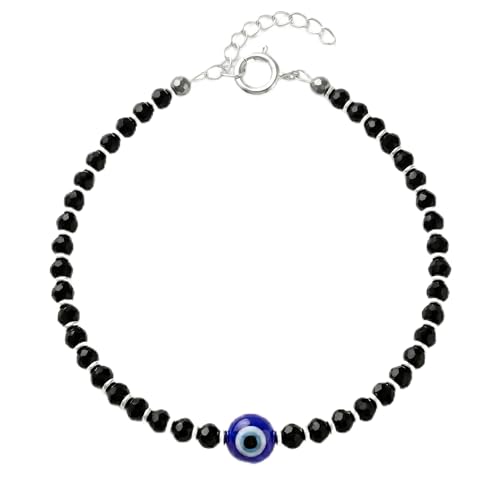 Image of Nazariya Anklet, Single | Pure 925 Sterling Silver Evil Eye Anklet with Black Crystal & Silver Beads for Women & Girls | Comfortable & Adjustable for Every Day Wear