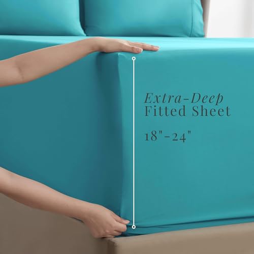 Image of Hearth & Harbor Extra Deep Pocket Sheets - Fits Mattress 18-24 Inches Deep - Extra Deep Pocket Twin XL Sheets Sets - 4 Piece Twin XL Size - Teal