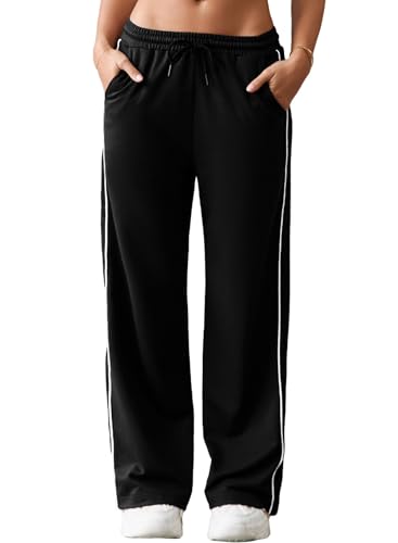 Herseas Women's 2 Side Stripes Sweatpants Wide Leg Pants Casual Drawstring Lounge Pants