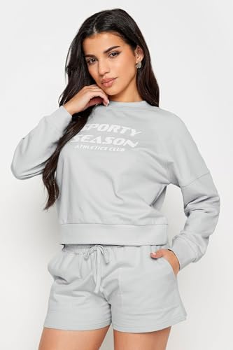 PixieGirl Petite Light Grey 'Sporty Season' Slogan Cropped Sweatshirt Petite