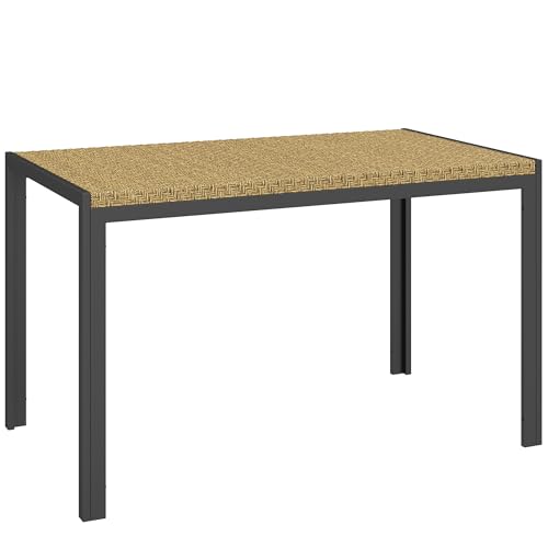 Outsunny Mesa de jardín Rectangular, Mesa de Comedor para 4 en Metal y Tablero de Resina Tejida Efecto ratán PE, Dim. 120L x 70W x 72H cm Beige