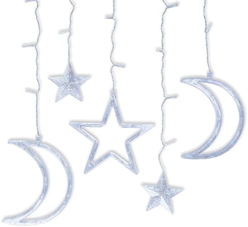 GloBrite Curtain Lights with 138 LED Lights | Battery Operated Twinkle Star and Moon Outdoor Lights | Fairy Lights with 8 Lighting Modes & Memory Function for Christmas Decorations Christmas Lights
