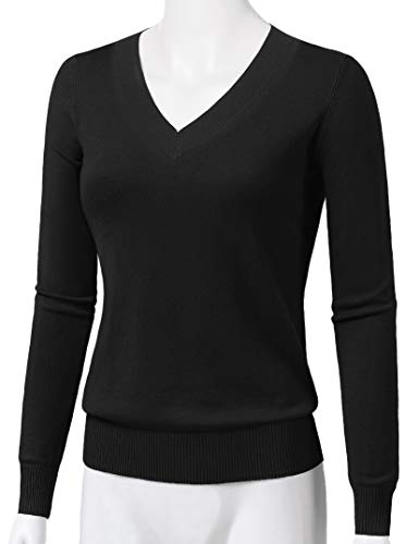 Women's V-Neck Long Sleeve Solid Basic Soft Stretch Pullover Knit Sweater2