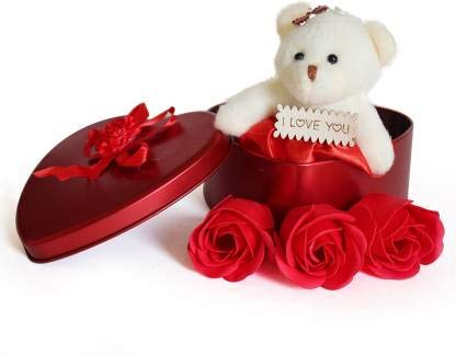 VR Creatives Artificial Heart Shaped Tin Box And Teddy And Roses (Multicolour, Small Cute Teddy, 3 Fragrant Rose Bud Petal Soap, Wooden Heart Tag ) , Multicolour-picture-26