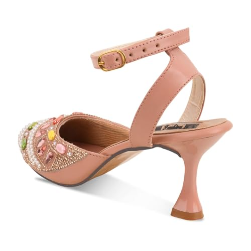 Image of Women's Embellished Pearl and Crystal Kitten Heel Sandals, Mint Green, Ankle Strap, Pointed